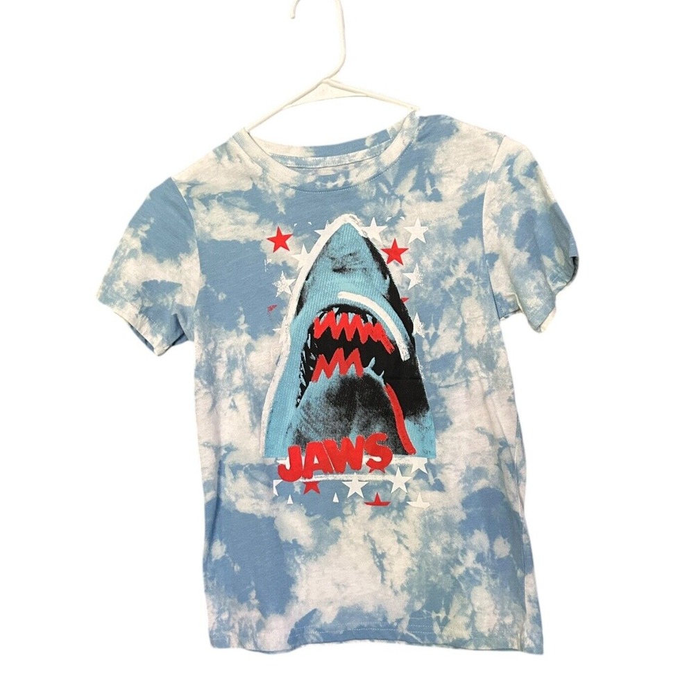 Jaws Tie Dye Youth T Shirt Blue White Stars Shark Graphic Red Logo Size Medium